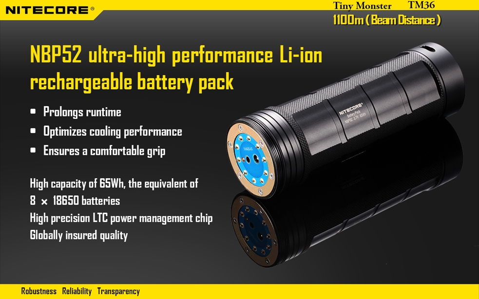 Światło S.O.S.: Tak | Maksymalny czas pracy (godz.): 67 | Zasięg wiązki światła (m): 1100 | Waga bez baterii (g): 1344 | Baterie w zestawie: NBP 52 | Futerał: Nie | Wodoodporność: Do 2 m | Kolor: Czarny | Baterie (kompatybilne): NBP 52 (w zestawie) | Długość całkowita (mm): 278 | Średnica głowicy (mm): 90 | Źródło światła: LUMINUS SBT-70 LED | Światło stroboskopowe: tak | Moc światła (L): 1800 - LifeGun.pl Latarka Nitecore TM36 Tiny Monster 1800 Lumenów-14