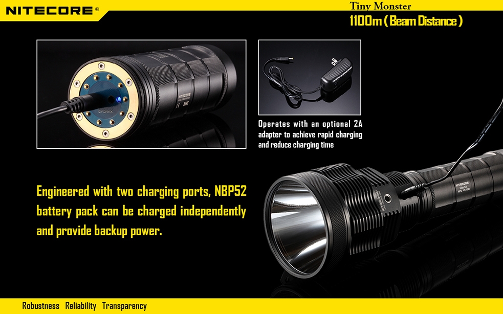 Światło S.O.S.: Tak | Maksymalny czas pracy (godz.): 67 | Zasięg wiązki światła (m): 1100 | Waga bez baterii (g): 1344 | Baterie w zestawie: NBP 52 | Futerał: Nie | Wodoodporność: Do 2 m | Kolor: Czarny | Baterie (kompatybilne): NBP 52 (w zestawie) | Długość całkowita (mm): 278 | Średnica głowicy (mm): 90 | Źródło światła: LUMINUS SBT-70 LED | Światło stroboskopowe: tak | Moc światła (L): 1800 - LifeGun.pl Latarka Nitecore TM36 Tiny Monster 1800 Lumenów-15