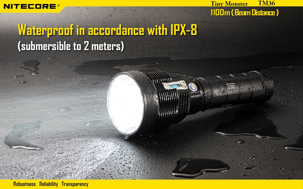 Światło S.O.S.: Tak | Maksymalny czas pracy (godz.): 67 | Zasięg wiązki światła (m): 1100 | Waga bez baterii (g): 1344 | Baterie w zestawie: NBP 52 | Futerał: Nie | Wodoodporność: Do 2 m | Kolor: Czarny | Baterie (kompatybilne): NBP 52 (w zestawie) | Długość całkowita (mm): 278 | Średnica głowicy (mm): 90 | Źródło światła: LUMINUS SBT-70 LED | Światło stroboskopowe: tak | Moc światła (L): 1800 - LifeGun.pl Latarka Nitecore TM36 Tiny Monster 1800 Lumenów-19