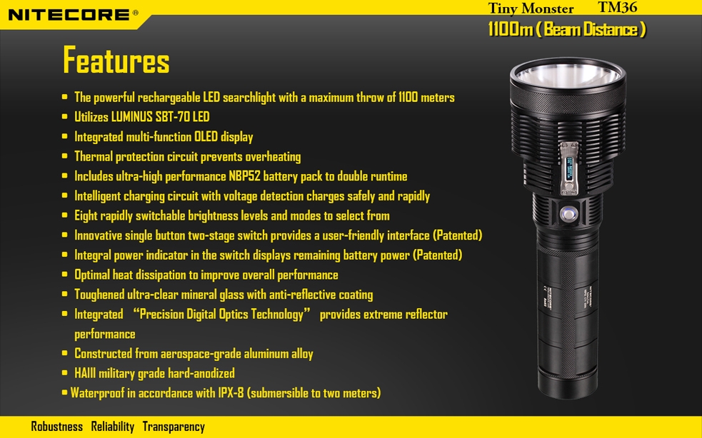 Światło S.O.S.: Tak | Maksymalny czas pracy (godz.): 67 | Zasięg wiązki światła (m): 1100 | Waga bez baterii (g): 1344 | Baterie w zestawie: NBP 52 | Futerał: Nie | Wodoodporność: Do 2 m | Kolor: Czarny | Baterie (kompatybilne): NBP 52 (w zestawie) | Długość całkowita (mm): 278 | Średnica głowicy (mm): 90 | Źródło światła: LUMINUS SBT-70 LED | Światło stroboskopowe: tak | Moc światła (L): 1800 - LifeGun.pl Latarka Nitecore TM36 Tiny Monster 1800 Lumenów-22