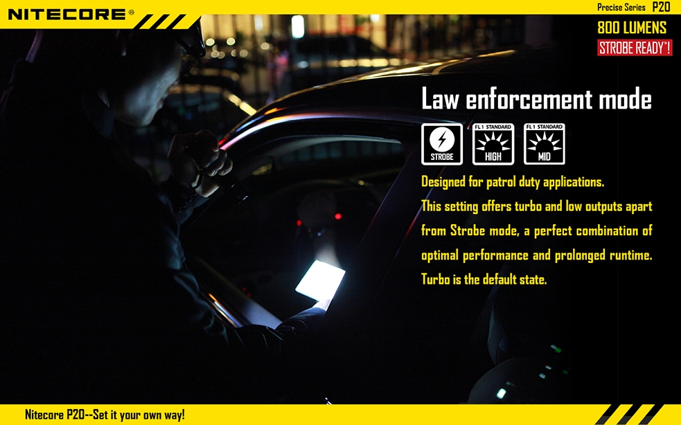 Maksymalny czas pracy (godz.): 26 | Zasięg wiązki światła (m): 210 | Waga bez baterii (g): 101 | Futerał: Tak | Wodoodporność: Do 2 m | Kolor: Czarny | Baterie (kompatybilne): 1 x 18650 lub 2 x CR123 | Długość całkowita (mm): 134 | Średnica głowicy (mm): 32 | Źródło światła: Dioda LED CREE XM-L2 (T6) | Światło stroboskopowe: tak | Moc światła (L): 800 - LifeGun.pl Latarka Nitecore P20 Precise - Strobe Ready 800 Lumenów-11
