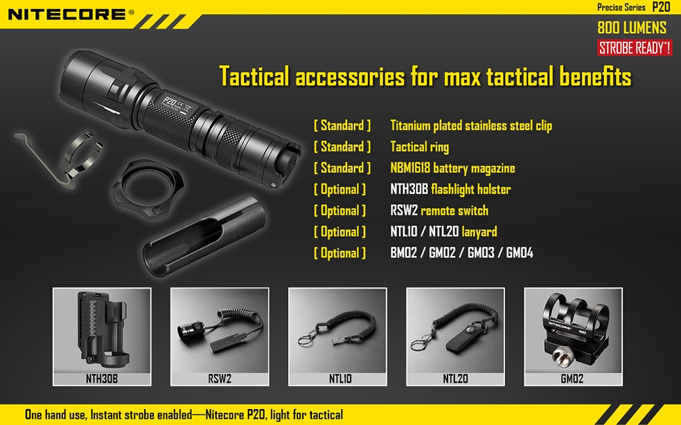 Maksymalny czas pracy (godz.): 26 | Zasięg wiązki światła (m): 210 | Waga bez baterii (g): 101 | Futerał: Tak | Wodoodporność: Do 2 m | Kolor: Czarny | Baterie (kompatybilne): 1 x 18650 lub 2 x CR123 | Długość całkowita (mm): 134 | Średnica głowicy (mm): 32 | Źródło światła: Dioda LED CREE XM-L2 (T6) | Światło stroboskopowe: tak | Moc światła (L): 800 - LifeGun.pl Latarka Nitecore P20 Precise - Strobe Ready 800 Lumenów-15