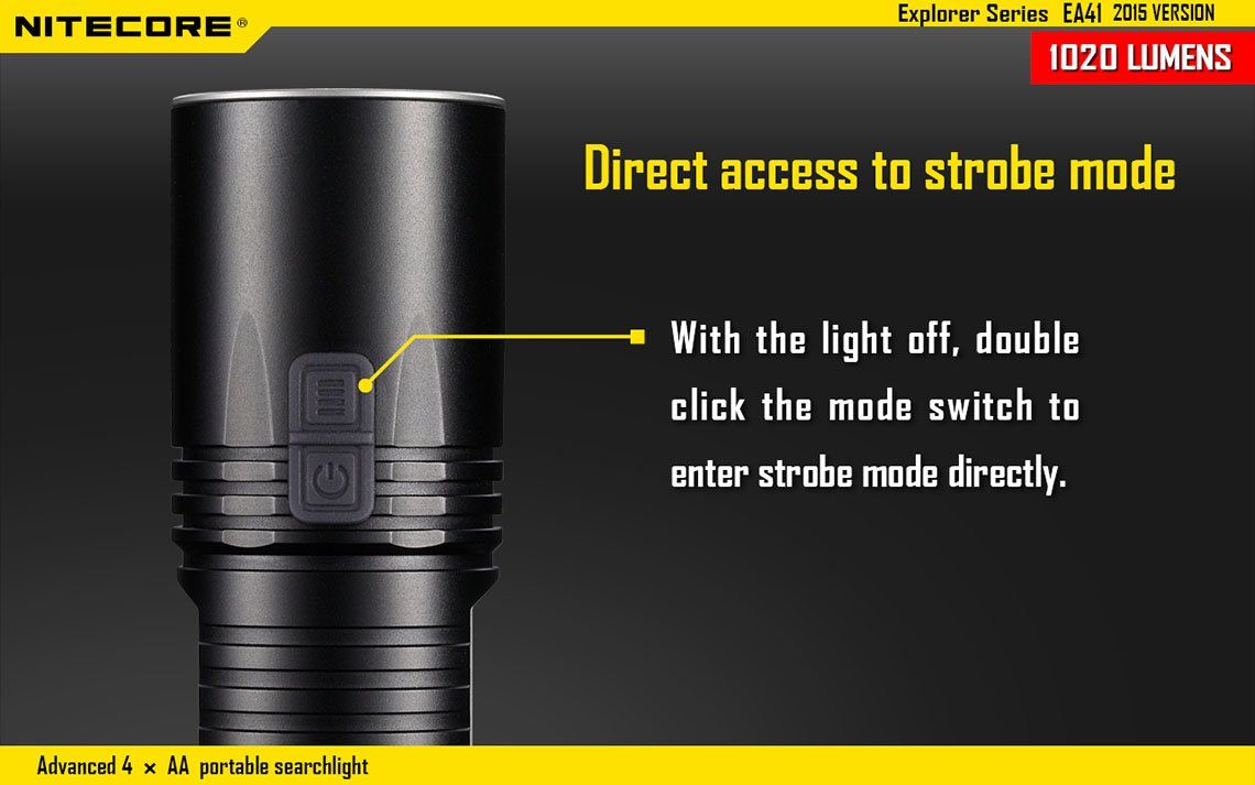 Światło S.O.S.: Tak | Maksymalny czas pracy (godz.): 400 | Zasięg wiązki światła (m): 335 | Waga bez baterii (g): 151 | Futerał: Tak | Wodoodporność: Do 2 m | Kolor: Czarny | Baterie (kompatybilne): 4x AA | Długość całkowita (mm): 117 | Średnica głowicy (mm): 40 | Źródło światła: Dioda LED CREE XM-L2 (T6) | Światło stroboskopowe: tak | Moc światła (L): 1020 - LifeGun.pl Latarka Nitecore EA41 1020 Lumenów-12