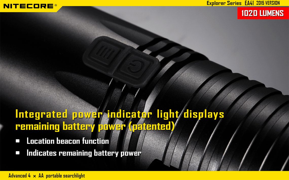 Światło S.O.S.: Tak | Maksymalny czas pracy (godz.): 400 | Zasięg wiązki światła (m): 335 | Waga bez baterii (g): 151 | Futerał: Tak | Wodoodporność: Do 2 m | Kolor: Czarny | Baterie (kompatybilne): 4x AA | Długość całkowita (mm): 117 | Średnica głowicy (mm): 40 | Źródło światła: Dioda LED CREE XM-L2 (T6) | Światło stroboskopowe: tak | Moc światła (L): 1020 - LifeGun.pl Latarka Nitecore EA41 1020 Lumenów-13