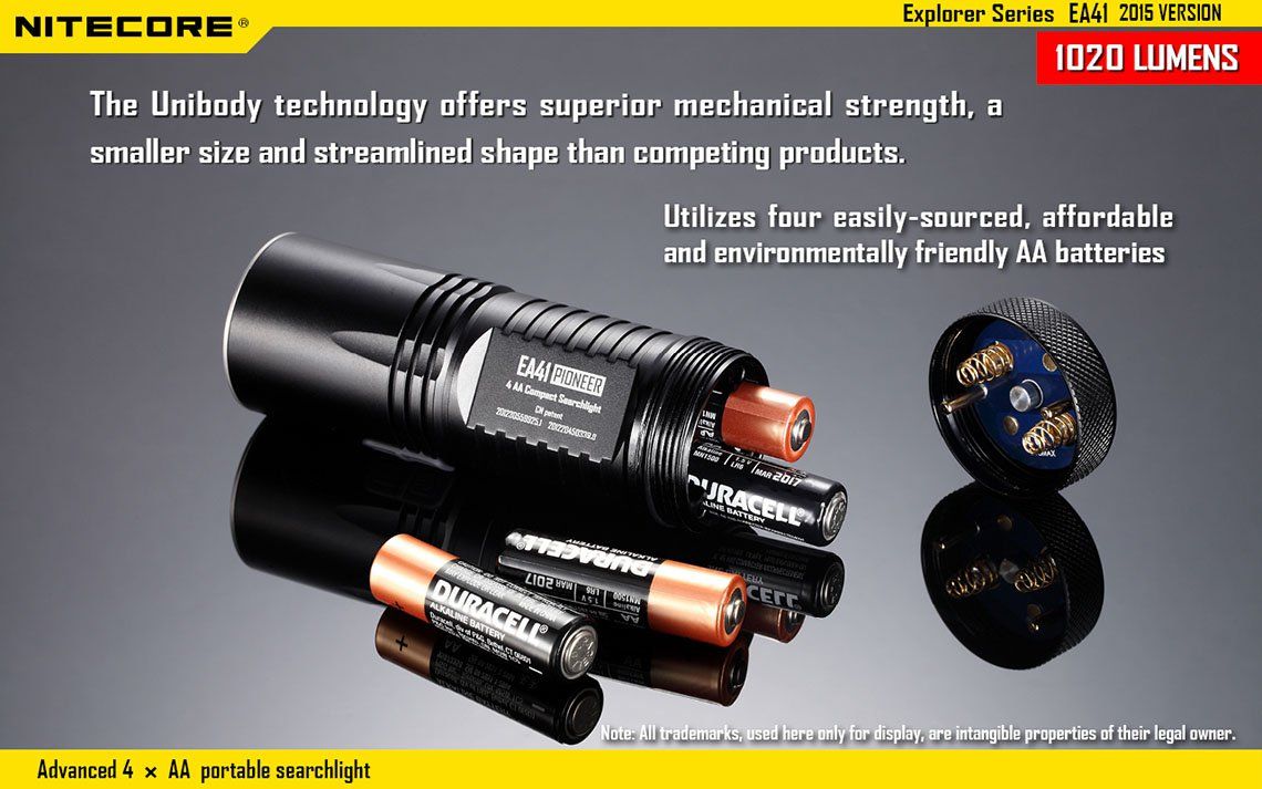 Światło S.O.S.: Tak | Maksymalny czas pracy (godz.): 400 | Zasięg wiązki światła (m): 335 | Waga bez baterii (g): 151 | Futerał: Tak | Wodoodporność: Do 2 m | Kolor: Czarny | Baterie (kompatybilne): 4x AA | Długość całkowita (mm): 117 | Średnica głowicy (mm): 40 | Źródło światła: Dioda LED CREE XM-L2 (T6) | Światło stroboskopowe: tak | Moc światła (L): 1020 - LifeGun.pl Latarka Nitecore EA41 1020 Lumenów-15