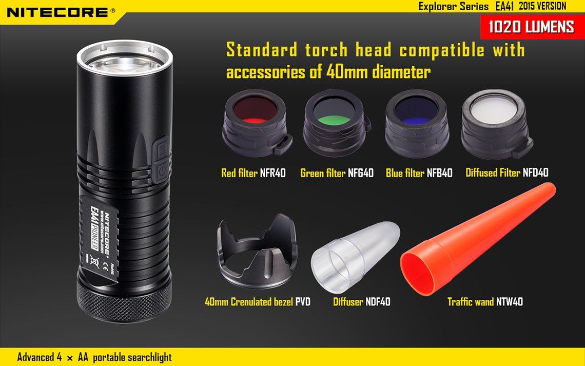 Światło S.O.S.: Tak | Maksymalny czas pracy (godz.): 400 | Zasięg wiązki światła (m): 335 | Waga bez baterii (g): 151 | Futerał: Tak | Wodoodporność: Do 2 m | Kolor: Czarny | Baterie (kompatybilne): 4x AA | Długość całkowita (mm): 117 | Średnica głowicy (mm): 40 | Źródło światła: Dioda LED CREE XM-L2 (T6) | Światło stroboskopowe: tak | Moc światła (L): 1020 - LifeGun.pl Latarka Nitecore EA41 1020 Lumenów-19