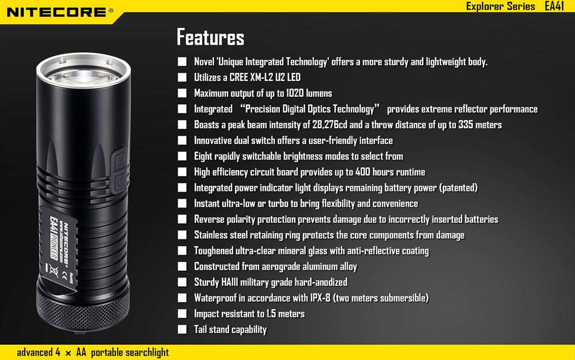 Światło S.O.S.: Tak | Maksymalny czas pracy (godz.): 400 | Zasięg wiązki światła (m): 335 | Waga bez baterii (g): 151 | Futerał: Tak | Wodoodporność: Do 2 m | Kolor: Czarny | Baterie (kompatybilne): 4x AA | Długość całkowita (mm): 117 | Średnica głowicy (mm): 40 | Źródło światła: Dioda LED CREE XM-L2 (T6) | Światło stroboskopowe: tak | Moc światła (L): 1020 - LifeGun.pl Latarka Nitecore EA41 1020 Lumenów-25
