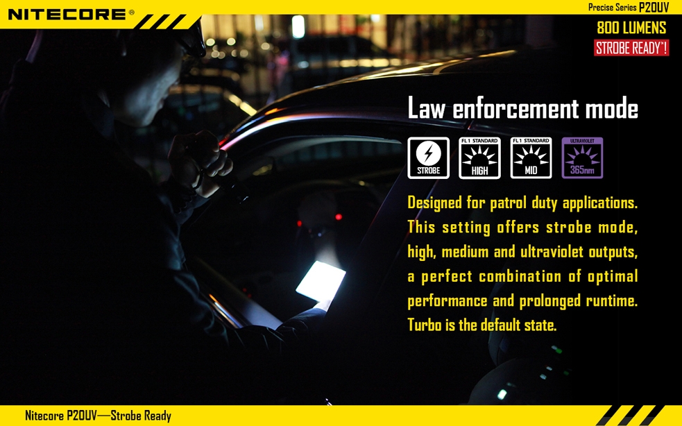 Maksymalny czas pracy (godz.): 15 | Zasięg wiązki światła (m): 180 | Waga bez baterii (g): 104 | Futerał: Tak | Wodoodporność: Do 2 m | Kolor: Czarny | Baterie (kompatybilne): 1 x 18650 lub 2 x CR123 | Długość całkowita (mm): 134 | Średnica głowicy (mm): 32 | Źródło światła: Dioda LED CREE XM-L2 (T6) | Światło stroboskopowe: nie | Moc światła (L): 800 - LifeGun.pl Latarka Nitecore P20UV 800 Lumenów-14