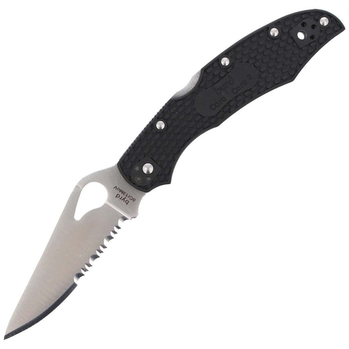 Byrd Cara Cara 2 FRN Black Combination, zainspirowany kultowym nożem Endura niedrogi lekki folder Spyderco z czarnymi okładzinami. Głownię ze stali nierdzewnej 8Cr13MoV wyprowadzono szlifem pełnym płaskim. Rękojeść FRN, Bi-Directional Texturing... - LifeGun.pl Nóż Spyderco Byrd Cara Cara 2 FRN Black, Combination (BY03PSBK2)-1