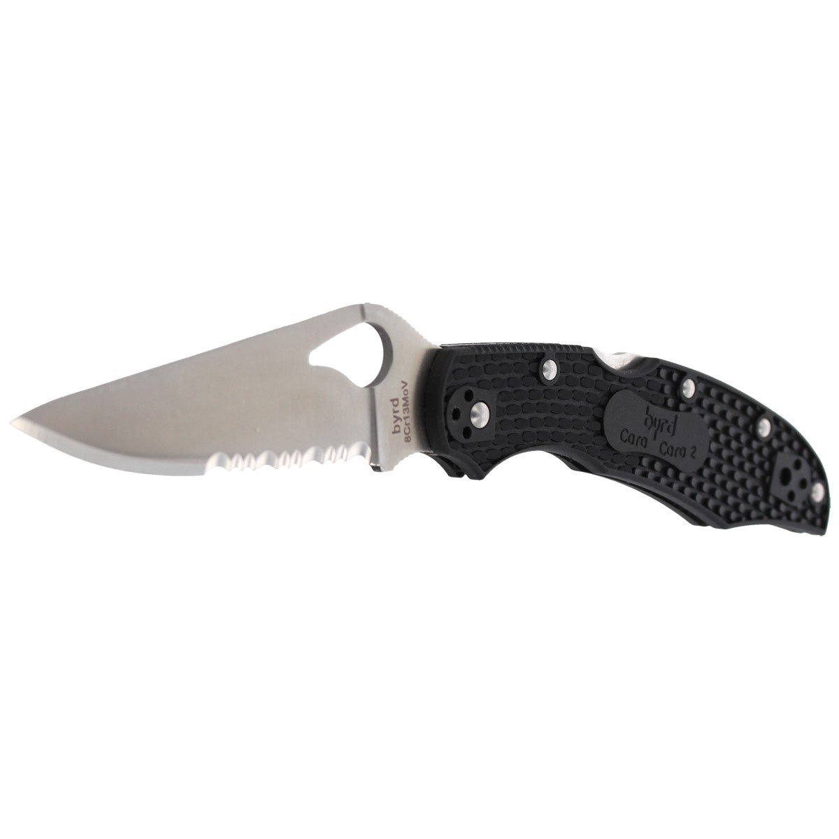 Byrd Cara Cara 2 FRN Black Combination, zainspirowany kultowym nożem Endura niedrogi lekki folder Spyderco z czarnymi okładzinami. Głownię ze stali nierdzewnej 8Cr13MoV wyprowadzono szlifem pełnym płaskim. Rękojeść FRN, Bi-Directional Texturing... - LifeGun.pl Nóż Spyderco Byrd Cara Cara 2 FRN Black, Combination (BY03PSBK2)-2