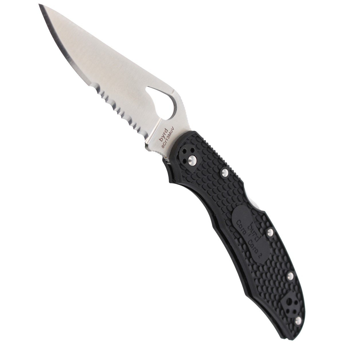 Byrd Cara Cara 2 FRN Black Combination, zainspirowany kultowym nożem Endura niedrogi lekki folder Spyderco z czarnymi okładzinami. Głownię ze stali nierdzewnej 8Cr13MoV wyprowadzono szlifem pełnym płaskim. Rękojeść FRN, Bi-Directional Texturing... - LifeGun.pl Nóż Spyderco Byrd Cara Cara 2 FRN Black, Combination (BY03PSBK2)-4