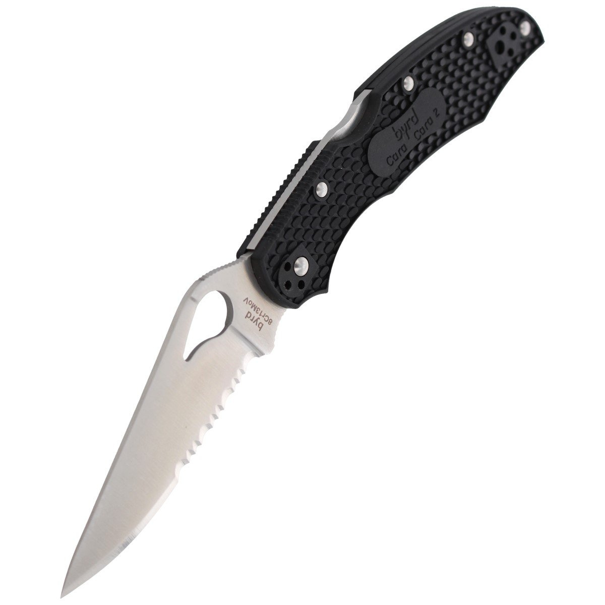 Byrd Cara Cara 2 FRN Black Combination, zainspirowany kultowym nożem Endura niedrogi lekki folder Spyderco z czarnymi okładzinami. Głownię ze stali nierdzewnej 8Cr13MoV wyprowadzono szlifem pełnym płaskim. Rękojeść FRN, Bi-Directional Texturing... - LifeGun.pl Nóż Spyderco Byrd Cara Cara 2 FRN Black, Combination (BY03PSBK2)-5