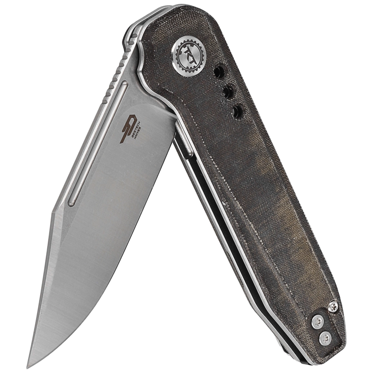 Syntax Green Micarta, Stonewashed/Satin nóż EDC, kolejny z nietuzinkowych projektów braci Setha i Teryla Toddów z TKT. Ich unikalny styl wzornictwa ma charakterystyczny industrialny wygląd i wiele eleganckich linii. W uchwycie często znajdują się 3 otwory - LifeGun.pl Nóż składany Bestech Syntax CP Green Micarta, Stonewashed/Satin CPM 154CM by Todd Knife and Tool (BG41E)-3