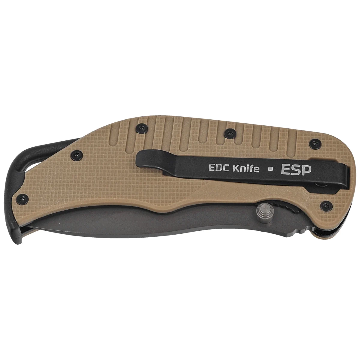 EK-KB-01 Knife Khaki/Black PA66 Polyamide, PVD duży, podręczny folder EDC. Głownia z japońskiej stali nierdzewnej AUS-8 pokryta antyodblaskową powłoką PVD. Rękojeść z poliamidu PA66 zapewnia pewny i wygodny chwyt. Blokowany popularną blokadą liner lock. - LifeGun.pl Nóż składany ESP EK-KB-01 Khaki/Black PA66 Polyamide, Titanium Gray PVD AUS-8-2