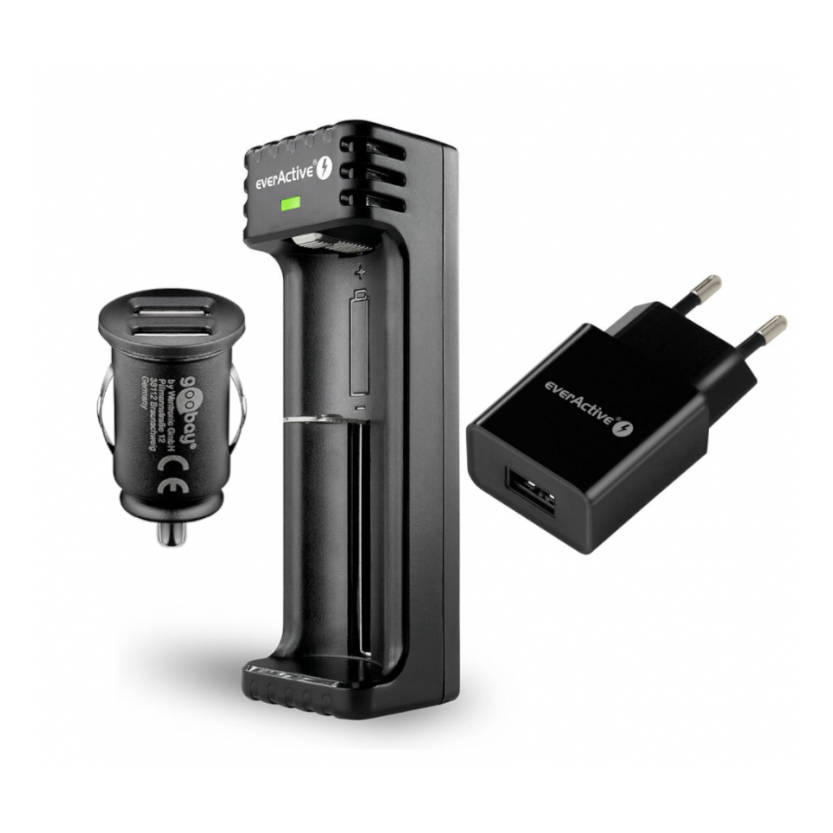 Ładowarka uniwersalna do akumulatorów. Posiada standardową wtyczkę do gniazdka sieciowego 230V (5V/1A) oraz przejściówkę samochodową 12V (2 x 2.1A). Podłączana jest do zasilania za pomocą kabla USB. Cechy: Wytrzymała konstrukcja z tworzywa sztucznego. Kompatybilna z akumulatorami różnej wielkości: 10440, 14500, 14650, 17500, 17670, 18350, 18500, 18650, 20700, 21700, 22650, 25500, 26500, 26650, 16340 R-CR123e W - LifeGun.pl Mactronic - Ładowarka do akumulatorów - USB - 230V/12V - MAC0013-1