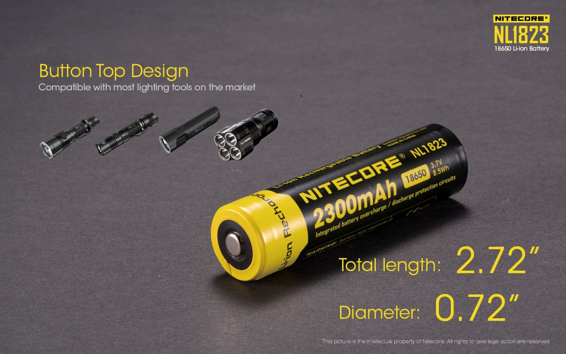 Akumulator Nitecore 18650 NL1823 2300mAh Akumulator o pojemności 2300 mAh. Zapewnia ponad 500 cykli ładowania. Akumulator zastępuje dwie baterie CR123, ale jest odrobinę dłuższy i szerszy od dwóch baterii CR123. Jest w 100% kompatybilny z produktami Nitecore, ale może nie pasować do urządzeń innych producentów. Wymiary: Długość: 69,2mm Średnica: 18,3mm - LifeGun.pl Akumulator Nitecore 18650 NL1823 2300mAh-7
