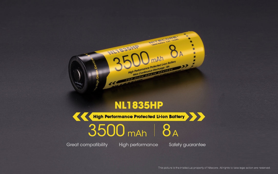 Akumulator Nitecore 18650 NL1835HP High Performance 3500mAh Akumulator o pojemności 3500 mAh, stworzony w celu zasilania urządzeń o dużym poborze mocy - do 8A. W Zapewnia ponad 500 cykli ładowania.Akumulator zastępuje dwie baterie CR123, ale jest odrobinę dłuższy i szerszy od dwóch baterii CR123. Jest w 100% kompatybilny z produktami Nitecore, ale może nie pasować - LifeGun.pl Akumulator Nitecore 18650 NL1835HP High Performance 3500mAh-3