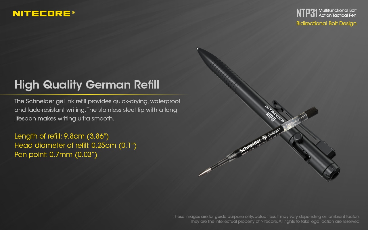 Nitecore NTP31 to funkcjonalny i elegancki długopis taktyczny, którego unikalne właściwości zdecydowanie wykraczają poza możliwości zwykłych przyrządów do pisania.Obudowa długopisu została wykonana ze stopu aluminium lotniczego z twardym anodowanym wykończeniem HAIII, zapewniając wyjątkową trwałość, żywotność i niezawodność urządzenia.Cechą szczególną NTP31 jest wysuwany, wolframowy zbijak do szkła, z mechanizmem blokującym. Zastosowanie wysokiej jakości niemieckiego wkładu Schneider Gelion 39 - LifeGun.pl Długopis NITECORE NTP31-6