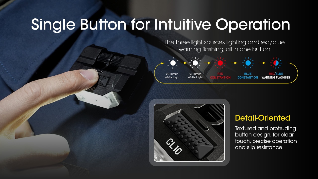 NITECORE CL10 to ultralekka i kompaktowa latarka wyposażona w klips do mocowania na daszku czapki, elementach garderoby, pasku czy plecaku.Ponadto posiada możliwość regulacji kąta w zakresie 180 stopni.Latarka generuje dwa tryby oświetlenia białego HIGH / LOW a także światło czerwone oraz niebieskie, także w trybie naprzemiennego migania.Zasilana jest przez dwie baterie AAA, dołączone do zestawu i posiada - LifeGun.pl Latarka NITECORE CL10 Klips-2