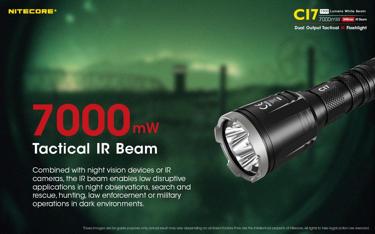 NITECORE CI7 to doskonała latarka taktyczna, której cechą szczególną jest zastosowanie dwóch rodzajów diod.Cztery diody CREE XP-G3 S3 zapewniają mocny strumień białego światła o maksymalnej jasności 2500 lumenów i imponującym zasięgu do 279 metrów.Ponadto CI7 została wyposażona w cztery diody podczerwieni SST-IR-10, pracujące na długości fali 940 nm i zapewniające moc do 7000 mW.Oświetlenie podczerwone umożliwia skuteczną identyfikację celów priorytetowych - LifeGun.pl Latarka NITECORE CI7 2500 Lumenów-3