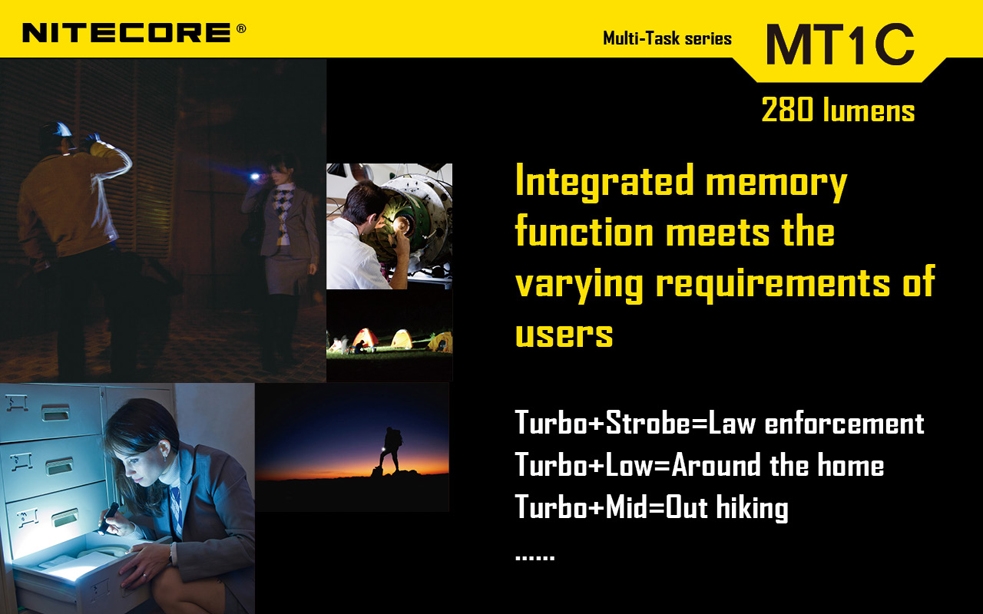 Światło S.O.S.: Tak | Maksymalny czas pracy (godz.): 23 | Zasięg wiązki światła (m): 115 | Waga bez baterii (g): 42 | Futerał: Nie | Wodoodporność: Do 2 m | Kolor: Czarny | Baterie (kompatybilne): 1x CR123 | Długość całkowita (mm): 88 | Średnica głowicy (mm): 22,5 | Źródło światła: Dioda LED Premium CREE XP-G R5 | Światło stroboskopowe: tak | Moc światła (L): 280 - LifeGun.pl Latarka Nitecore MT1C Multi-Task 280 Lumenów-4