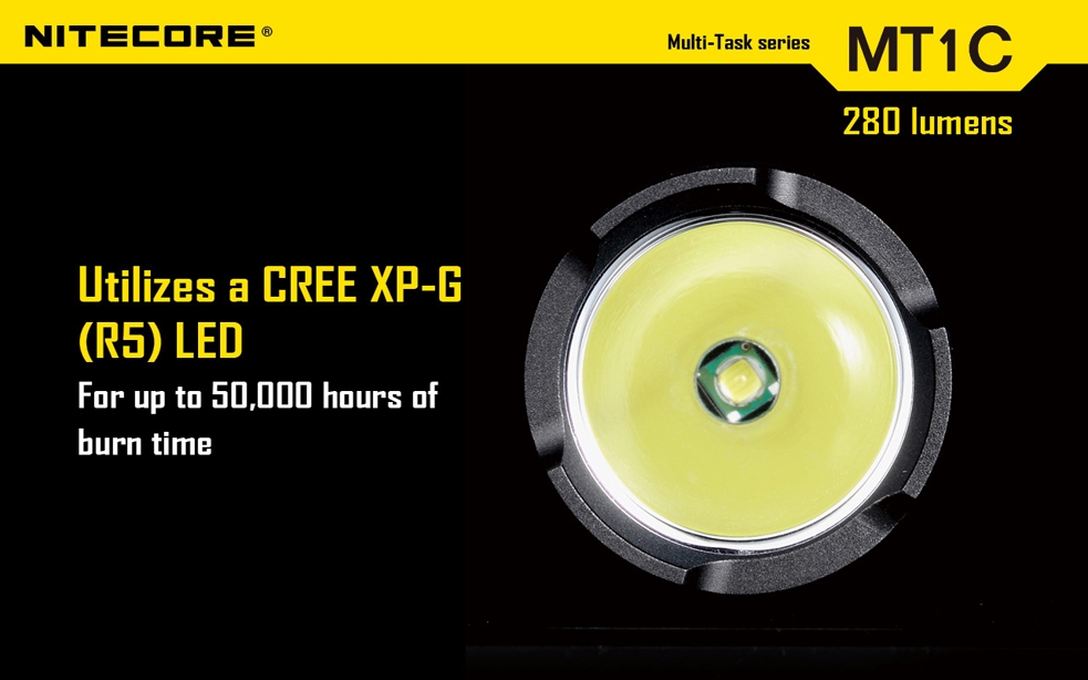 Światło S.O.S.: Tak | Maksymalny czas pracy (godz.): 23 | Zasięg wiązki światła (m): 115 | Waga bez baterii (g): 42 | Futerał: Nie | Wodoodporność: Do 2 m | Kolor: Czarny | Baterie (kompatybilne): 1x CR123 | Długość całkowita (mm): 88 | Średnica głowicy (mm): 22,5 | Źródło światła: Dioda LED Premium CREE XP-G R5 | Światło stroboskopowe: tak | Moc światła (L): 280 - LifeGun.pl Latarka Nitecore MT1C Multi-Task 280 Lumenów-9