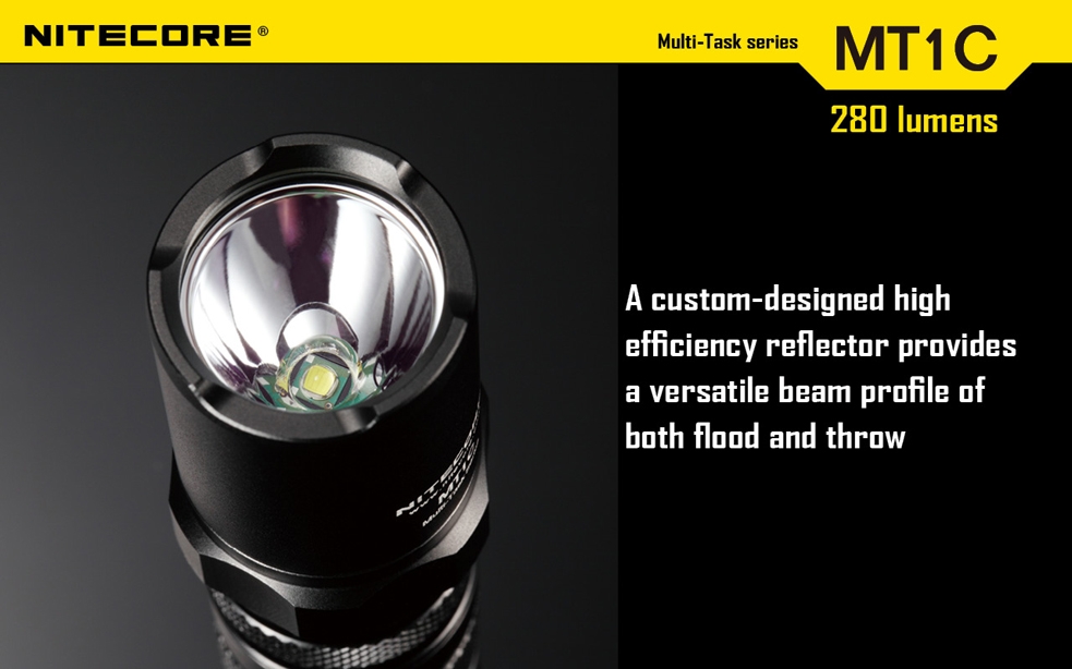 Światło S.O.S.: Tak | Maksymalny czas pracy (godz.): 23 | Zasięg wiązki światła (m): 115 | Waga bez baterii (g): 42 | Futerał: Nie | Wodoodporność: Do 2 m | Kolor: Czarny | Baterie (kompatybilne): 1x CR123 | Długość całkowita (mm): 88 | Średnica głowicy (mm): 22,5 | Źródło światła: Dioda LED Premium CREE XP-G R5 | Światło stroboskopowe: tak | Moc światła (L): 280 - LifeGun.pl Latarka Nitecore MT1C Multi-Task 280 Lumenów-10