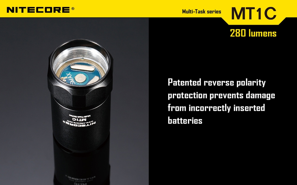 Światło S.O.S.: Tak | Maksymalny czas pracy (godz.): 23 | Zasięg wiązki światła (m): 115 | Waga bez baterii (g): 42 | Futerał: Nie | Wodoodporność: Do 2 m | Kolor: Czarny | Baterie (kompatybilne): 1x CR123 | Długość całkowita (mm): 88 | Średnica głowicy (mm): 22,5 | Źródło światła: Dioda LED Premium CREE XP-G R5 | Światło stroboskopowe: tak | Moc światła (L): 280 - LifeGun.pl Latarka Nitecore MT1C Multi-Task 280 Lumenów-11