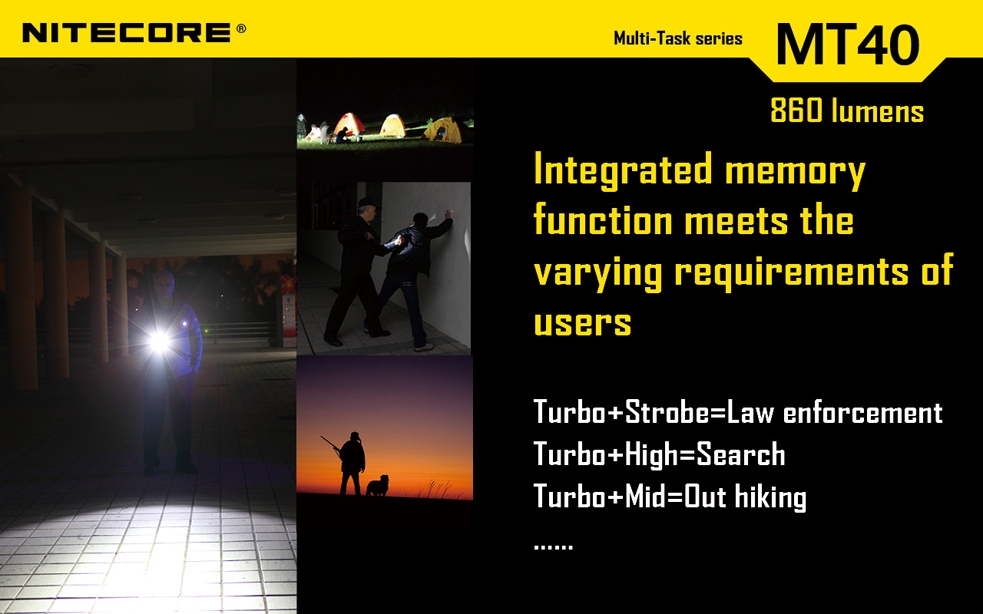 Światło S.O.S.: Tak | Maksymalny czas pracy (godz.): 24 | Zasięg wiązki światła (m): 363 | Waga bez baterii (g): 245 | Futerał: Tak | Wodoodporność: Do 2 m | Kolor: Czarny | Baterie (kompatybilne): 2x 18650 lub 4x CR123 | Długość całkowita (mm): 221.5 | Średnica głowicy (mm): 50 | Źródło światła: Dioda LED Premium CREE XM-L U2 | Światło stroboskopowe: tak | Moc światła (L): 860 - LifeGun.pl Latarka Nitecore MT40 Multi-Task 860 Lumenów-6