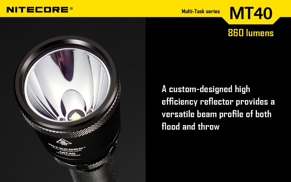 Światło S.O.S.: Tak | Maksymalny czas pracy (godz.): 24 | Zasięg wiązki światła (m): 363 | Waga bez baterii (g): 245 | Futerał: Tak | Wodoodporność: Do 2 m | Kolor: Czarny | Baterie (kompatybilne): 2x 18650 lub 4x CR123 | Długość całkowita (mm): 221.5 | Średnica głowicy (mm): 50 | Źródło światła: Dioda LED Premium CREE XM-L U2 | Światło stroboskopowe: tak | Moc światła (L): 860 - LifeGun.pl Latarka Nitecore MT40 Multi-Task 860 Lumenów-13