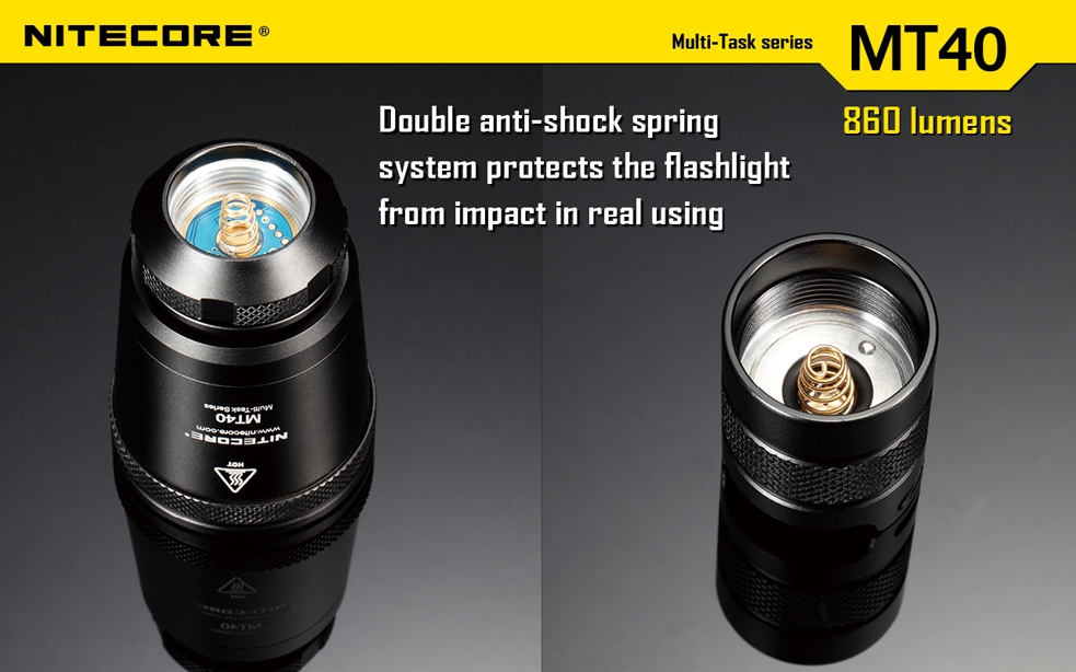 Światło S.O.S.: Tak | Maksymalny czas pracy (godz.): 24 | Zasięg wiązki światła (m): 363 | Waga bez baterii (g): 245 | Futerał: Tak | Wodoodporność: Do 2 m | Kolor: Czarny | Baterie (kompatybilne): 2x 18650 lub 4x CR123 | Długość całkowita (mm): 221.5 | Średnica głowicy (mm): 50 | Źródło światła: Dioda LED Premium CREE XM-L U2 | Światło stroboskopowe: tak | Moc światła (L): 860 - LifeGun.pl Latarka Nitecore MT40 Multi-Task 860 Lumenów-14