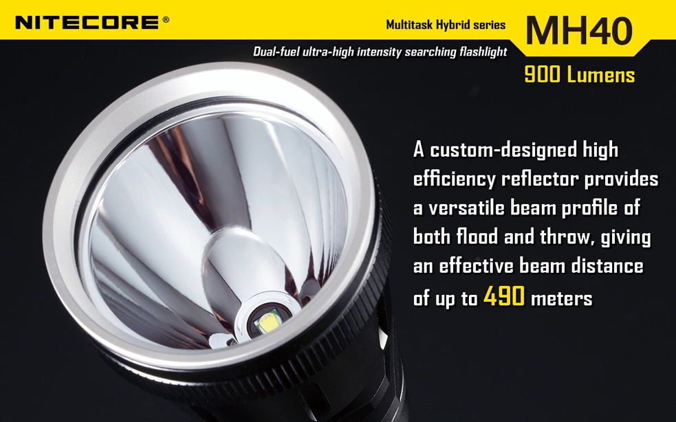Światło S.O.S.: Tak | Maksymalny czas pracy (godz.): 105 | Zasięg wiązki światła (m): 490 | Waga bez baterii (g): 311 | Baterie w zestawie: 2x 18650 | Futerał: Tak | Wodoodporność: Do 2 m | Kolor: Czarny | Baterie (kompatybilne): 2x 18650 (w zestawie) lub 4x CR123 | Długość całkowita (mm): 243 | Średnica głowicy (mm): 60 | Źródło światła: Dioda LED Premium CREE XM-L U2 | Światło stroboskopowe: tak | Moc światła (L): 900 - LifeGun.pl Latarka Nitecore MH40 Thor Multitask Hybrid 900 Lumenów-13