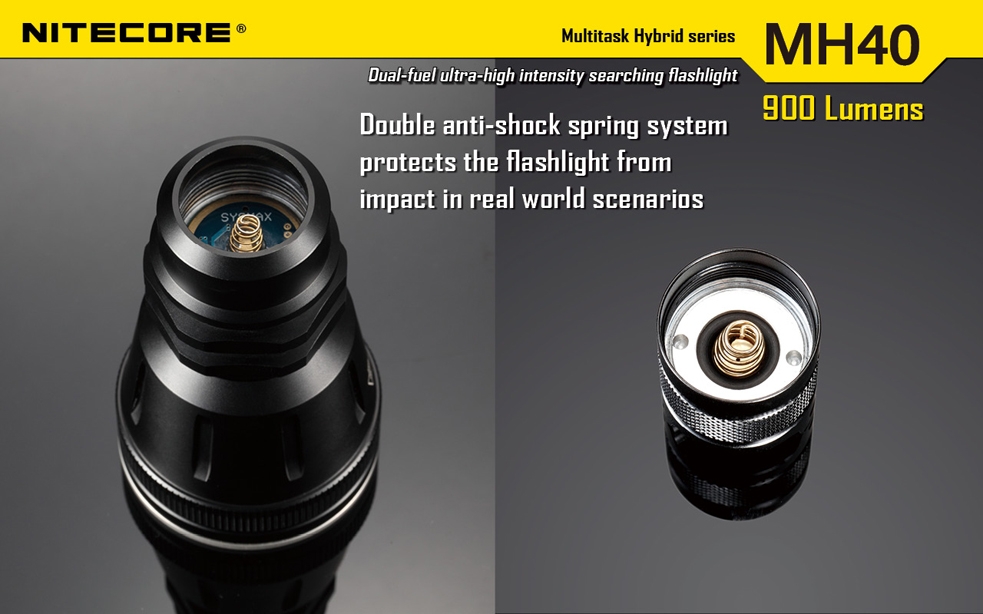 Światło S.O.S.: Tak | Maksymalny czas pracy (godz.): 105 | Zasięg wiązki światła (m): 490 | Waga bez baterii (g): 311 | Baterie w zestawie: 2x 18650 | Futerał: Tak | Wodoodporność: Do 2 m | Kolor: Czarny | Baterie (kompatybilne): 2x 18650 (w zestawie) lub 4x CR123 | Długość całkowita (mm): 243 | Średnica głowicy (mm): 60 | Źródło światła: Dioda LED Premium CREE XM-L U2 | Światło stroboskopowe: tak | Moc światła (L): 900 - LifeGun.pl Latarka Nitecore MH40 Thor Multitask Hybrid 900 Lumenów-14