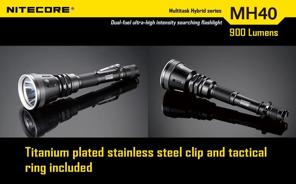 Światło S.O.S.: Tak | Maksymalny czas pracy (godz.): 105 | Zasięg wiązki światła (m): 490 | Waga bez baterii (g): 311 | Baterie w zestawie: 2x 18650 | Futerał: Tak | Wodoodporność: Do 2 m | Kolor: Czarny | Baterie (kompatybilne): 2x 18650 (w zestawie) lub 4x CR123 | Długość całkowita (mm): 243 | Średnica głowicy (mm): 60 | Źródło światła: Dioda LED Premium CREE XM-L U2 | Światło stroboskopowe: tak | Moc światła (L): 900 - LifeGun.pl Latarka Nitecore MH40 Thor Multitask Hybrid 900 Lumenów-19