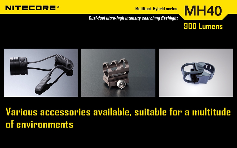 Światło S.O.S.: Tak | Maksymalny czas pracy (godz.): 105 | Zasięg wiązki światła (m): 490 | Waga bez baterii (g): 311 | Baterie w zestawie: 2x 18650 | Futerał: Tak | Wodoodporność: Do 2 m | Kolor: Czarny | Baterie (kompatybilne): 2x 18650 (w zestawie) lub 4x CR123 | Długość całkowita (mm): 243 | Średnica głowicy (mm): 60 | Źródło światła: Dioda LED Premium CREE XM-L U2 | Światło stroboskopowe: tak | Moc światła (L): 900 - LifeGun.pl Latarka Nitecore MH40 Thor Multitask Hybrid 900 Lumenów-20