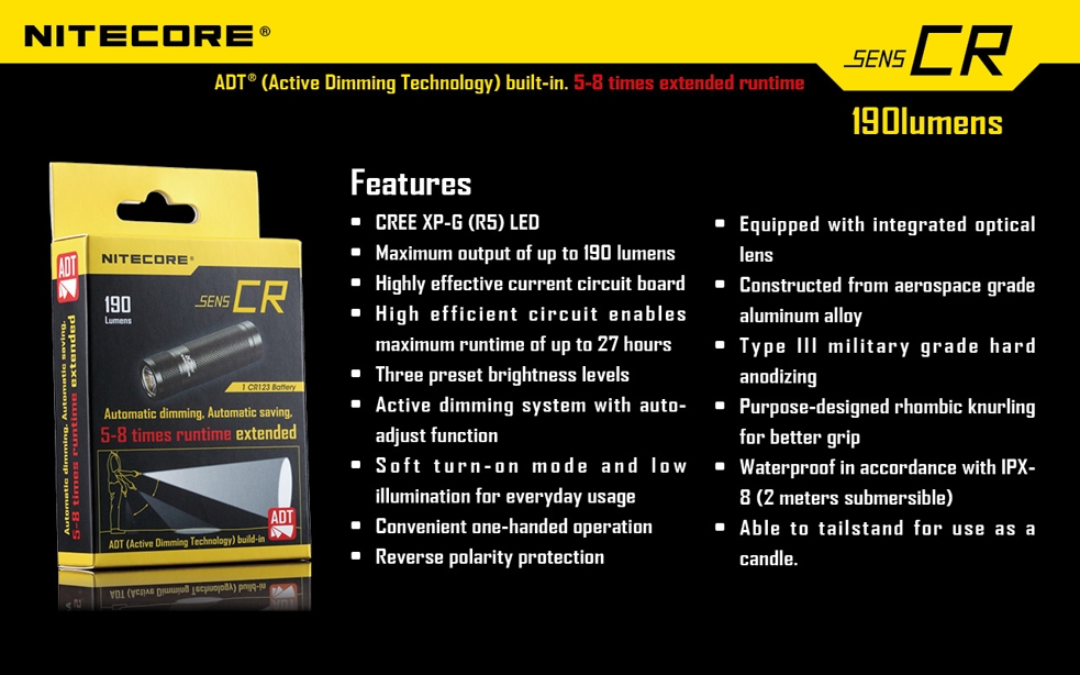 Maksymalny czas pracy (godz.): 27 | Zasięg wiązki światła (m): 76 | Waga bez baterii (g): 24 | Futerał: Nie | Wodoodporność: Do 2 m | Kolor: Czarny | Baterie (kompatybilne): 1x CR123 | Długość całkowita (mm): 64 | Średnica głowicy (mm): 20 | Źródło światła: Dioda LED Premium CREE XP-G R5 | Światło stroboskopowe: nie | Moc światła (L): 190 - LifeGun.pl Latarka Nitecore SENS CR 190 lumenów-16