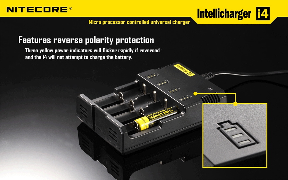 Ładowarka Nitecore i4 Ładowarka Intellicharge i4 V2 to druga i najnowsza wersja uniwersalnej ładowarki mikroprocesorowej przeznaczonej do ładowania większości typów akumulatorów - 3.7V Li-ion (litowo-jonowych): 10440(AAA), 14500(AA), ICR123 (RCR123), 16340, 18350, 18500, 18650, 17670, akumulatorów Ni-MH oraz Ni-Cd. I4 posiada cztery kontrolowane przez mikroprocesor porty ładowania dzięki czemu jednocześnie można ładować różne typy akumulatorów.  - LifeGun.pl Ładowarka Nitecore i4-8