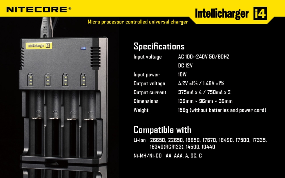 Ładowarka Nitecore i4 Ładowarka Intellicharge i4 V2 to druga i najnowsza wersja uniwersalnej ładowarki mikroprocesorowej przeznaczonej do ładowania większości typów akumulatorów - 3.7V Li-ion (litowo-jonowych): 10440(AAA), 14500(AA), ICR123 (RCR123), 16340, 18350, 18500, 18650, 17670, akumulatorów Ni-MH oraz Ni-Cd. I4 posiada cztery kontrolowane przez mikroprocesor porty ładowania dzięki czemu jednocześnie można ładować różne typy akumulatorów.  - LifeGun.pl Ładowarka Nitecore i4-11