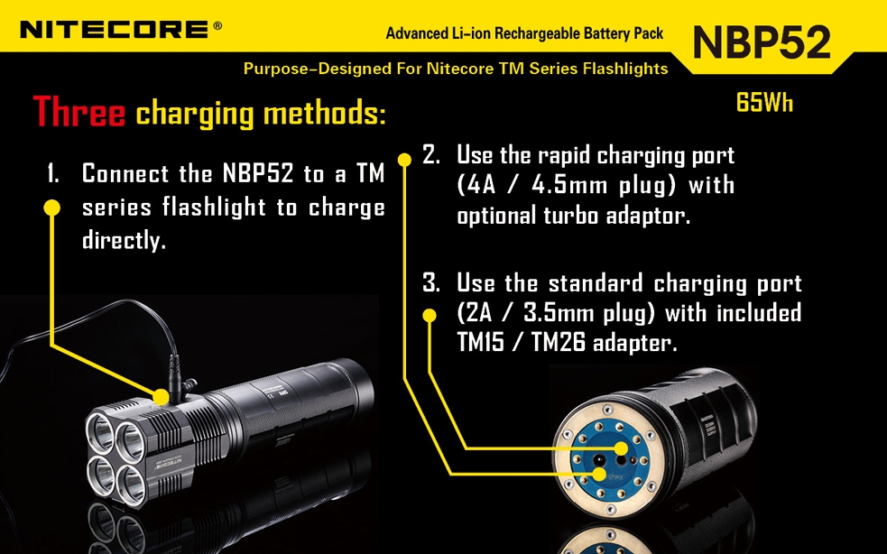 Akumulator Nitecore NBP52 Zastępuje 8 baterii 18650 i daje dwa razy dłuższy czas działania niż 8 baterii CR123. Przeznaczone do latarek Nitecore z serii TM. Pojemność: 65W Napięcie: 3,7V Waga: 565 g Długość: 157 mm Średnica: 50 mm Nie narażaj akumulatora na działanie wody lub ognia. Aby wydłużyć działanie akumulatora - LifeGun.pl Akumulator Nitecore NBP52-10