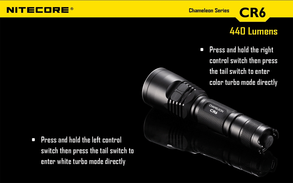 Światło S.O.S.: Tak | Maksymalny czas pracy (godz.): 400 | Zasięg wiązki światła (m): 190 | Waga bez baterii (g): 138 | Futerał: Tak | Wodoodporność: Do 2 m | Kolor: Czarny | Baterie (kompatybilne): 1 x 18650 lub 2 x CR123 | Długość całkowita (mm): 143 | Średnica głowicy (mm): 40 | Źródło światła: Dioda LED Premium CREE XP-G2 | Światło stroboskopowe: tak | Moc światła (L): 440 - LifeGun.pl Latarka Nitecore CR6 CHAMELEON Red 440 Lumenów-12