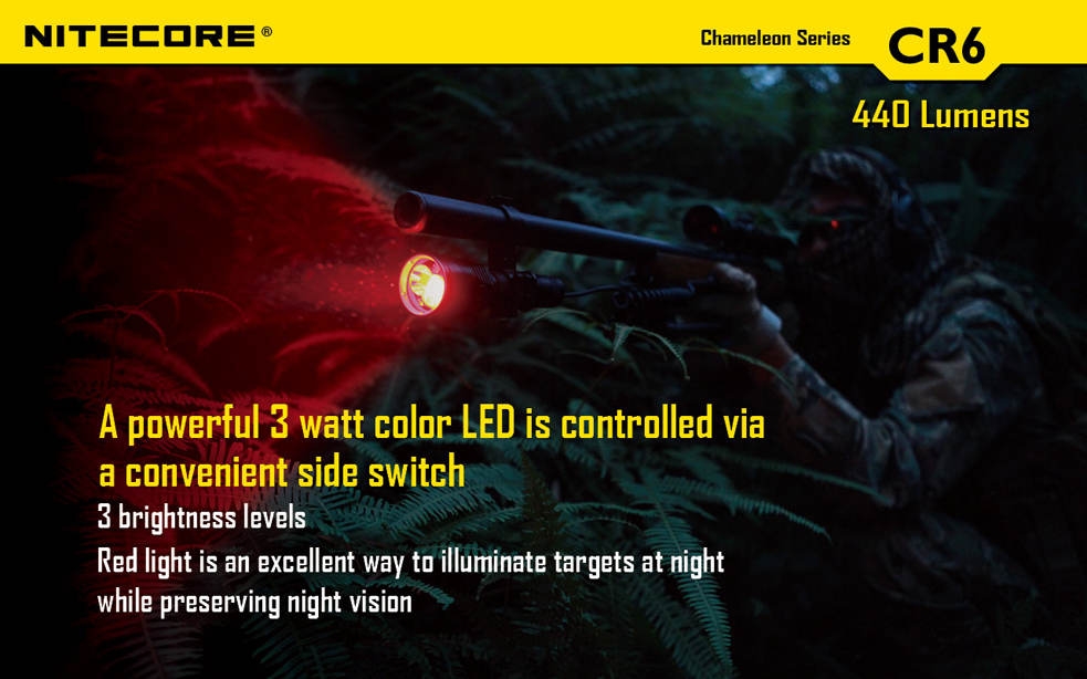 Światło S.O.S.: Tak | Maksymalny czas pracy (godz.): 400 | Zasięg wiązki światła (m): 190 | Waga bez baterii (g): 138 | Futerał: Tak | Wodoodporność: Do 2 m | Kolor: Czarny | Baterie (kompatybilne): 1 x 18650 lub 2 x CR123 | Długość całkowita (mm): 143 | Średnica głowicy (mm): 40 | Źródło światła: Dioda LED Premium CREE XP-G2 | Światło stroboskopowe: tak | Moc światła (L): 440 - LifeGun.pl Latarka Nitecore CR6 CHAMELEON Red 440 Lumenów-15