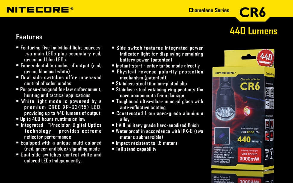 Światło S.O.S.: Tak | Maksymalny czas pracy (godz.): 400 | Zasięg wiązki światła (m): 190 | Waga bez baterii (g): 138 | Futerał: Tak | Wodoodporność: Do 2 m | Kolor: Czarny | Baterie (kompatybilne): 1 x 18650 lub 2 x CR123 | Długość całkowita (mm): 143 | Średnica głowicy (mm): 40 | Źródło światła: Dioda LED Premium CREE XP-G2 | Światło stroboskopowe: tak | Moc światła (L): 440 - LifeGun.pl Latarka Nitecore CR6 CHAMELEON Red 440 Lumenów-33
