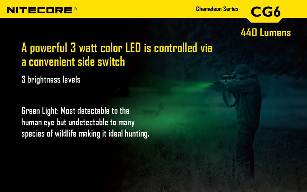 Światło S.O.S.: Tak | Maksymalny czas pracy (godz.): 400 | Zasięg wiązki światła (m): 190 | Waga bez baterii (g): 138 | Futerał: Tak | Wodoodporność: Do 2 m | Kolor: Czarny | Baterie (kompatybilne): 1 x 18650 lub 2 x CR123 | Długość całkowita (mm): 143 | Średnica głowicy (mm): 40 | Źródło światła: Dioda LED Premium CREE XP-G2 | Światło stroboskopowe: tak | Moc światła (L): 440 - LifeGun.pl Latarka Nitecore CG6 CHAMELEON Green 440 Lumenów-14
