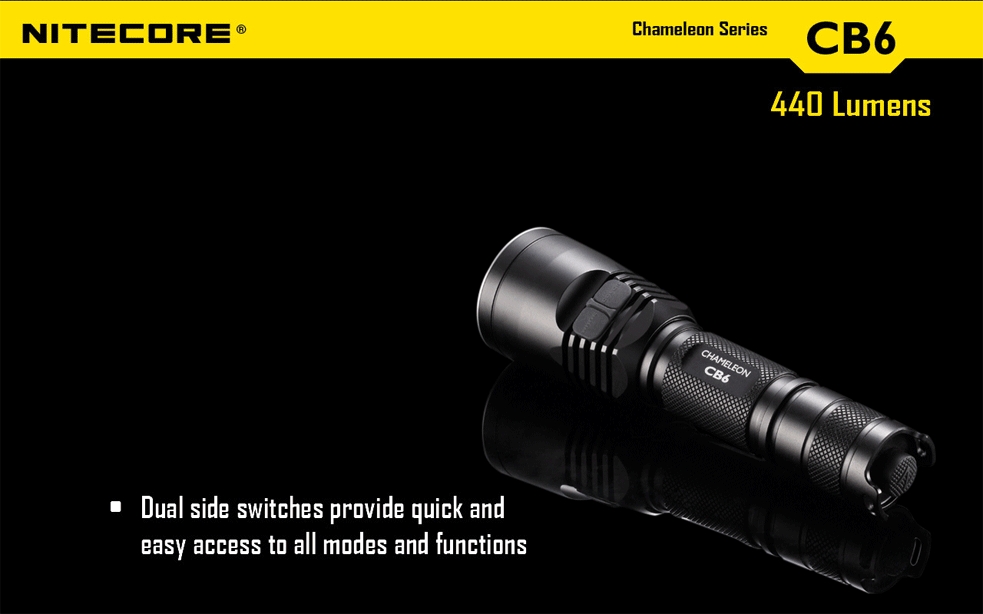 Światło S.O.S.: Tak | Maksymalny czas pracy (godz.): 400 | Zasięg wiązki światła (m): 190 | Waga bez baterii (g): 138 | Futerał: Tak | Wodoodporność: Do 2 m | Kolor: Czarny | Baterie (kompatybilne): 1 x 18650 lub 2 x CR123 | Długość całkowita (mm): 143 | Średnica głowicy (mm): 40 | Źródło światła: Dioda LED Premium CREE XP-G2 | Światło stroboskopowe: tak | Moc światła (L): 440 - LifeGun.pl Latarka Nitecore CB6 CHAMELEON Blue 440 Lumenów-11