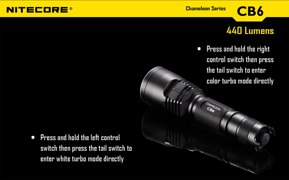 Światło S.O.S.: Tak | Maksymalny czas pracy (godz.): 400 | Zasięg wiązki światła (m): 190 | Waga bez baterii (g): 138 | Futerał: Tak | Wodoodporność: Do 2 m | Kolor: Czarny | Baterie (kompatybilne): 1 x 18650 lub 2 x CR123 | Długość całkowita (mm): 143 | Średnica głowicy (mm): 40 | Źródło światła: Dioda LED Premium CREE XP-G2 | Światło stroboskopowe: tak | Moc światła (L): 440 - LifeGun.pl Latarka Nitecore CB6 CHAMELEON Blue 440 Lumenów-12