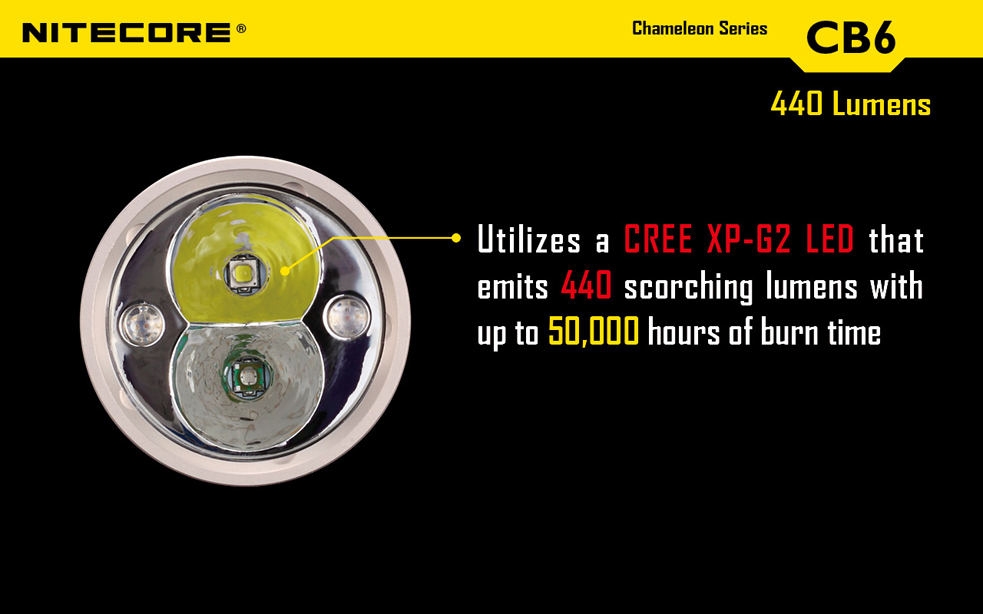 Światło S.O.S.: Tak | Maksymalny czas pracy (godz.): 400 | Zasięg wiązki światła (m): 190 | Waga bez baterii (g): 138 | Futerał: Tak | Wodoodporność: Do 2 m | Kolor: Czarny | Baterie (kompatybilne): 1 x 18650 lub 2 x CR123 | Długość całkowita (mm): 143 | Średnica głowicy (mm): 40 | Źródło światła: Dioda LED Premium CREE XP-G2 | Światło stroboskopowe: tak | Moc światła (L): 440 - LifeGun.pl Latarka Nitecore CB6 CHAMELEON Blue 440 Lumenów-13