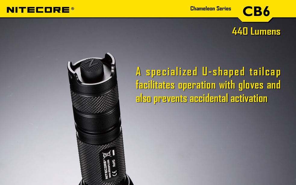 Światło S.O.S.: Tak | Maksymalny czas pracy (godz.): 400 | Zasięg wiązki światła (m): 190 | Waga bez baterii (g): 138 | Futerał: Tak | Wodoodporność: Do 2 m | Kolor: Czarny | Baterie (kompatybilne): 1 x 18650 lub 2 x CR123 | Długość całkowita (mm): 143 | Średnica głowicy (mm): 40 | Źródło światła: Dioda LED Premium CREE XP-G2 | Światło stroboskopowe: tak | Moc światła (L): 440 - LifeGun.pl Latarka Nitecore CB6 CHAMELEON Blue 440 Lumenów-26