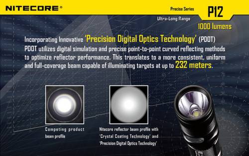 Światło S.O.S.: Tak | Maksymalny czas pracy (godz.): 520 | Zasięg wiązki światła (m): 222 | Waga bez baterii (g): 88 | Futerał: Tak | Wodoodporność: Do 2 m | Kolor: Czarny | Baterie (kompatybilne): 1 x 18650 lub 2 x CR123 | Długość całkowita (mm): 139 | Średnica głowicy (mm): 25 | Źródło światła: Dioda LED CREE XM-L2 (T6) | Światło stroboskopowe: tak | Moc światła (L): 950 - LifeGun.pl Latarka Nitecore P12 Pocket Rocket 1000 lumenów-3