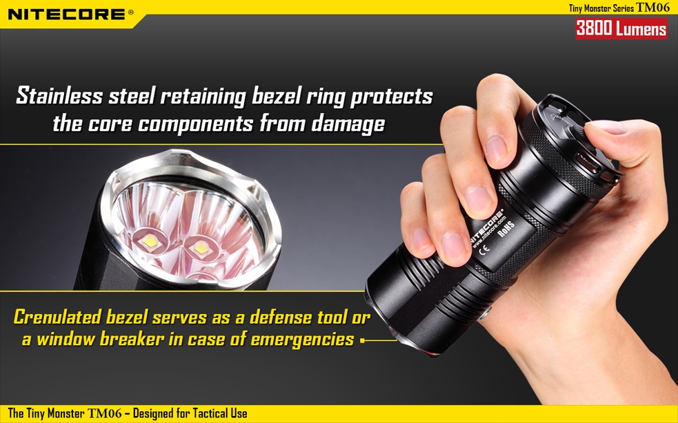 Światło S.O.S.: Tak | Maksymalny czas pracy (godz.): 433 | Zasięg wiązki światła (m): 334 | Waga bez baterii (g): 277 | Ładowarka w zestawie: Nie | Futerał: Tak | Wodoodporność: Do 2 m | Kolor: Czarny | Baterie (kompatybilne): 4 x akumulator 18650 3,7V | Długość całkowita (mm): 125 | Średnica głowicy (mm): 50 | Źródło światła: Dioda LED CREE XM-L2 | Światło stroboskopowe: tak | Moc światła (L): 3800 - LifeGun.pl Latarka Nitecore Tiny Monster TM06 3800 lumenów-16