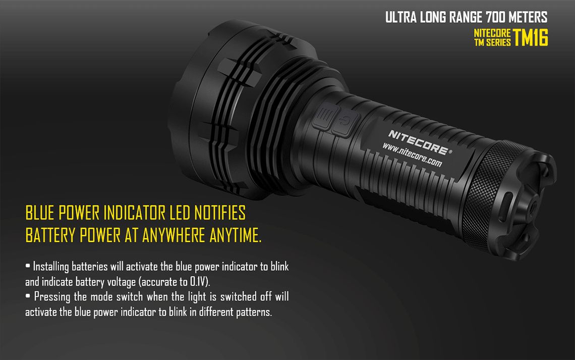 Światło S.O.S.: Tak | Maksymalny czas pracy (godz.): 520 | Zasięg wiązki światła (m): 700 | Waga bez baterii (g): 506 | Ładowarka w zestawie: Nie | Baterie w zestawie: Nie | Futerał: Tak | Wodoodporność: Do 2 m | Kolor: Czarny | Baterie (kompatybilne): 4 x akumulator 18650 3,7V | Światło stroboskopowe: tak | Źródło światła: 4 x CREE XM-L2 U2 | Moc światła (L): 4000 - LifeGun.pl Latarke Nitecore LED TinyMonster TM16 4000 lumenów-11